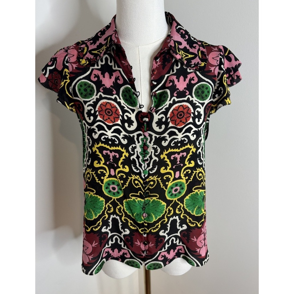 Alice + Olivia Martel Mixed Print Flutter Sleeve Silk Top Women's Small